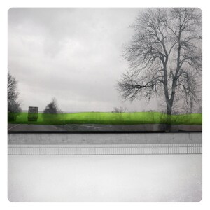 Landscape photography Truck on a road Fine Art Print Winter Tree Green WaterColor paints Black and white picture MIROIR ROUTE BARREE image 2