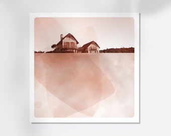 Normandy house photography French house in the sky photo combined with watercolor painting Light red wall art print ABRI NORMANDE