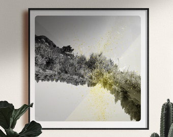 Black and white photography  Abstract nature landscape  with yellow paint Fine art print MONT GENETS
