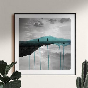 photography of Children walking on a beach Landscape photography mixed with Watercolor paints Coastal Home Art Black and white Cyan DEUX image 5