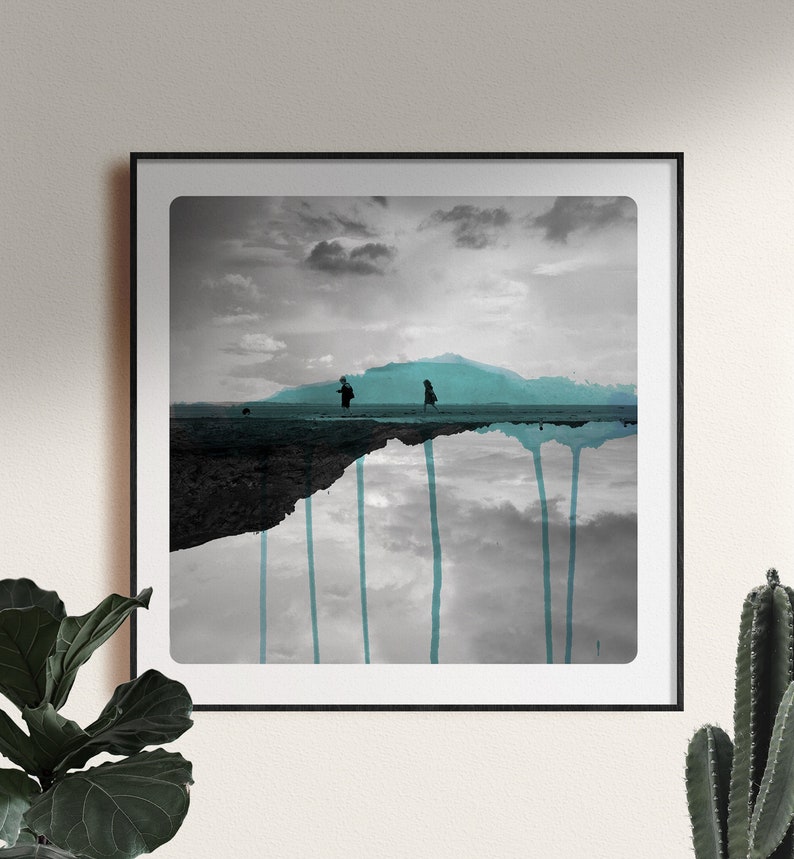 photography of Children walking on a beach Landscape photography mixed with Watercolor paints Coastal Home Art Black and white Cyan DEUX image 5