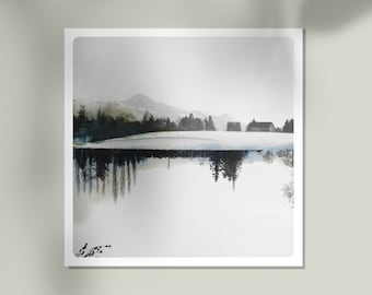 Black and white photography of a snowy landscape  with watercolor  Fine art print MIROIR BLANC