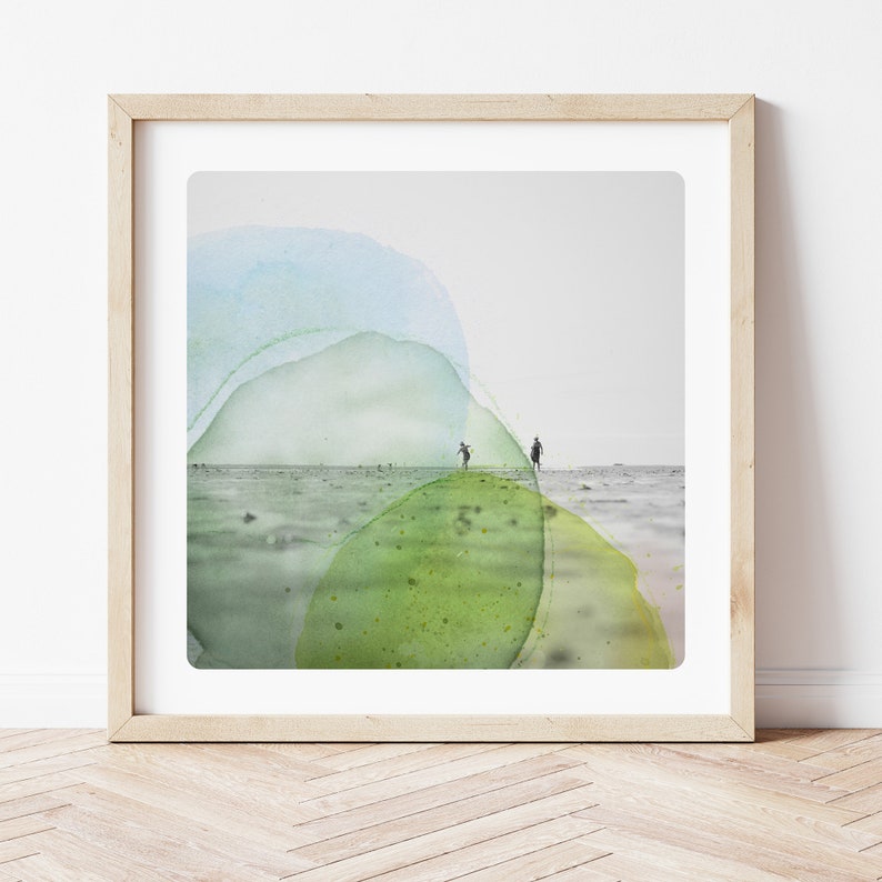 Beach photography and watercolor painting silhouettes on a french beach lime blue and yellow Minimal Coastal Art AQVA TRI image 1