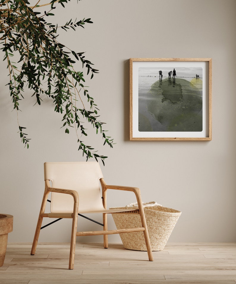 Silhouettes on the beach Costal Wall Art photography combined with bistre watercolor painting AQVA BIS image 3