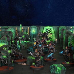 May include: Miniature figurines of science fiction characters in a futuristic setting. The figures are painted in black, silver, and green, with weapons and armour. The background features green and grey structures under a starry sky.
