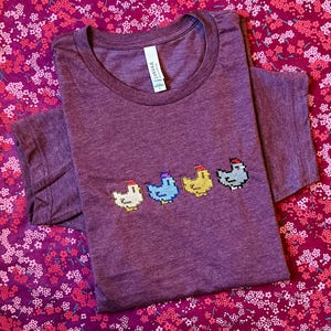 Stardew Valley Embroidered Chicken T-Shirt | Cozy Gamer Tee | Pixel Art Stardew Shirt | Handmade Gift for Stardew Fans
