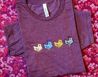 Stardew Valley Embroidered Chicken T-Shirt | Cozy Gamer Tee | Pixel Art Stardew Shirt | Handmade Gift for Stardew Fans