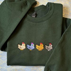 Stardew Valley Chicken Embroidered Sweatshirt | Cozy Gamer Gift | Blue, Void, Brown, Beige Chickens | Handmade Video Game Apparel