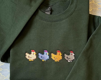Stardew Valley Chicken Embroidered Sweatshirt | Cozy Gamer Gift | Blue, Void, Brown, Beige Chickens | Handmade Video Game Apparel