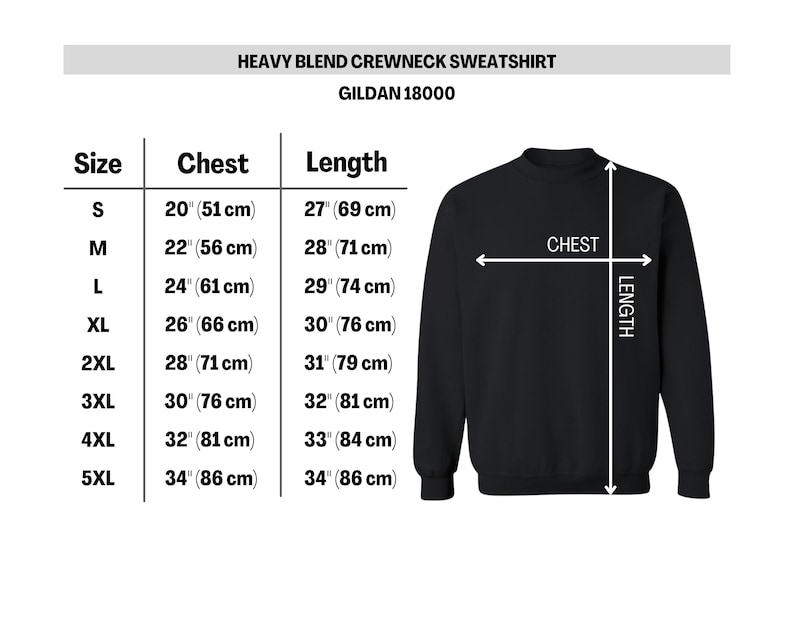 K&ouml;nnte beinhalten: Gr&ouml;&szlig;entabelle f&uuml;r ein schweres Sweatshirt mit Rundhalsausschnitt. Die Tabelle zeigt die Gr&ouml;&szlig;e, die Brustweite in Zoll und Zentimetern sowie die L&auml;nge in Zoll und Zentimetern. Die Gr&ouml;&szlig;en reichen von S bis 5XL.