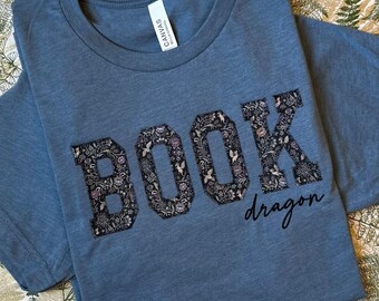 Book Dragon Embroidered T-Shirt: Fantasy Reader Appliqué Tee