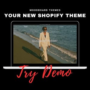 May include: A laptop computer screen displaying a website with a woman wearing a white suit standing on a beach. The website text reads "Basement Theory" and the laptop screen has a red "Try Demo" button.