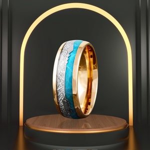 Personalized Rose Gold Plated Tungsten Ring | Faux Blue Opal & Meteorite Wedding Band Ring | Custom Made Gold Ring | Best For Gift