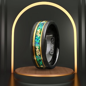 Mens Engagement Style Ring | Unique Green Opal w/ Gold Foil Leaf | Minimalist Ring Band for Boys | Statement Rings | Matte Black Gold Accent