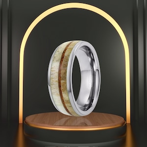 Men’s Deer Antler w/ Koa Wood Line Inlay | 8mm Tungsten Wedding Band | Unique Unisex Gift