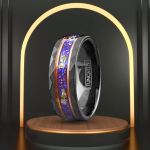 Hand Hammered Blue Sapphire w/ Gold Foil Leaf Wedding Band | Two Tone Tungsten Ring- Nature Inspired Matte Black Gold Accent | Handmade Ring
