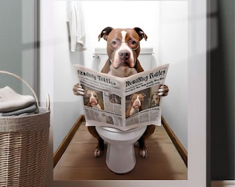 Pitbull Bathroom Toilet Print of Pitbull on Toilet Bathroom Print Pitbull Funny Dog Bath Picture Humor Pitbull Newspaper Unframed