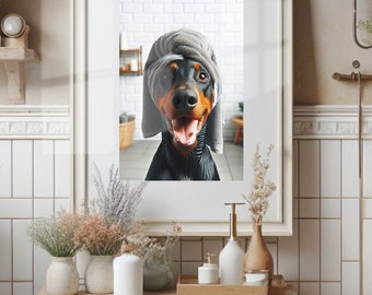 Doberman with Towel on Head Bathroom Towel Poster Print Doberman Funny Dog Bath Shower Picture Bathroom Humor Doberman Home Decor Unframed