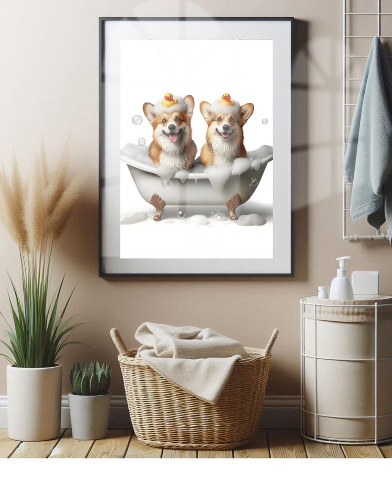 Funny Corgi Bathroom Wall Art Print, Corgis in Bathtub With Rubber Duck ...