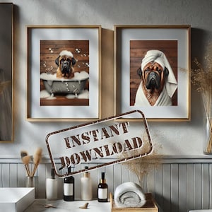 Bullmastiff in Bathroom Print Set of Two PRINTABLE Bullmastiff Funny Dog Bath Picture Bathroom Humor Bullmastiff Home Decor DIGITAL DOWNLOAD