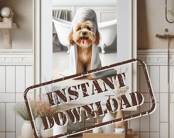 Maltipoo in Bathroom Poster Print PRINTABLE Funny Dog Bath Picture Maltipoo Bath Towel Humor Home Decor DIGITAL DOWNLOAD