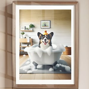 May include: A black and brown dog with a yellow rubber duck on its head sits in a white bathtub filled with bubbles. The dog is smiling and looking at the camera. The bathtub is on a gray rug in a bathroom with wood paneling.