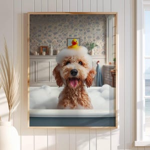 Golden Doodle Bathroom Wall Art Doodle in Tub Rubber Duck Bathroom Poster Print goldendoodle Funny Dog Bath Shower Picture Humor Unframed