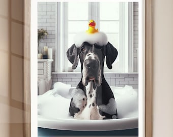 May include: A black and white Great Dane dog wearing a yellow rubber ducky on its head sits in a white bathtub filled with bubbles.