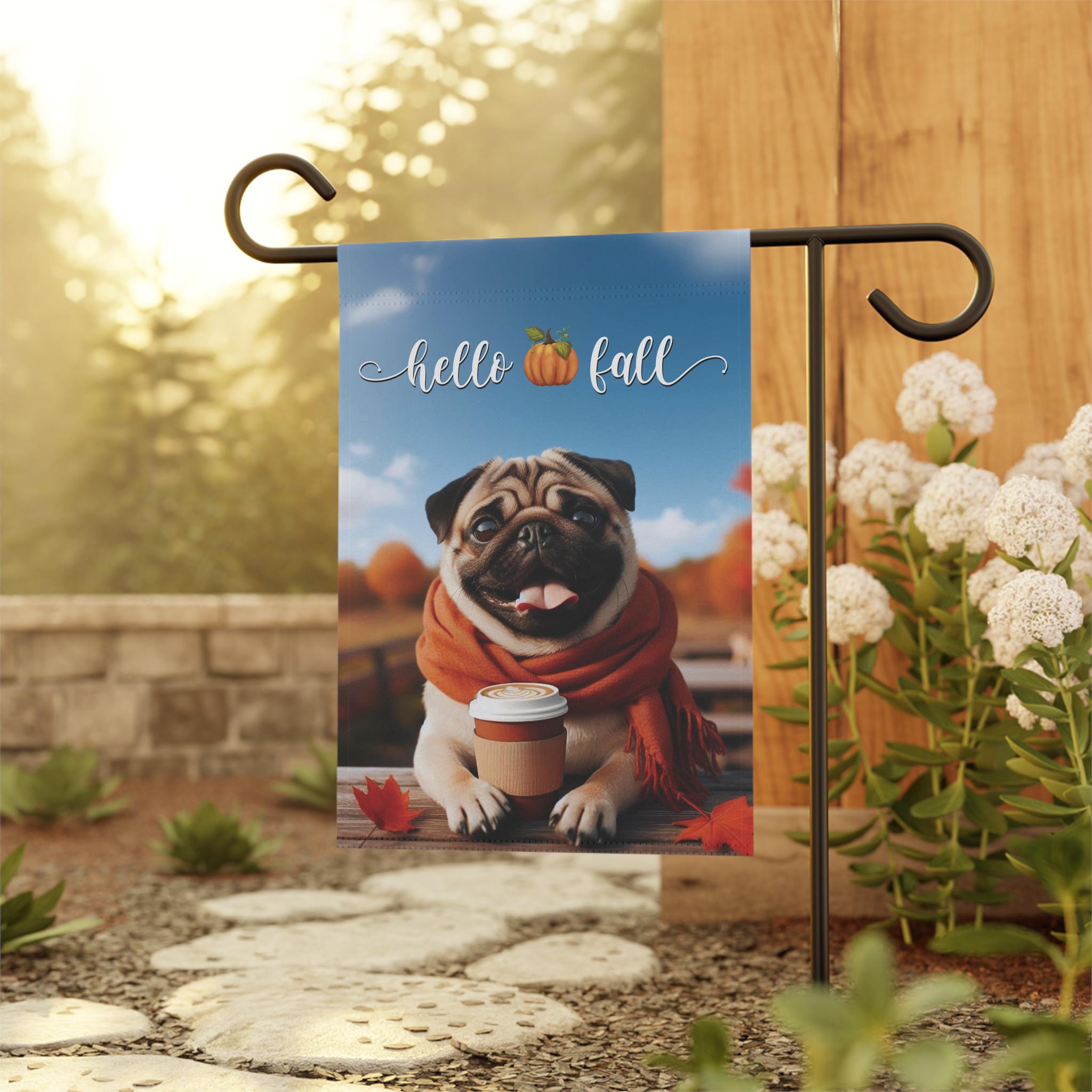 Pug Flag, Hello Fall Flag, Lab Outdoor Yard Garden Flag, Dog Garden House Banner, Pug Mom Unique Gift, Pumpkin Latte Autumn Decor
