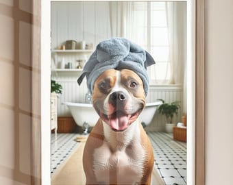 Pitbull with Towel on Head Bathroom Towel Poster Print Unframed Pitbull Funny Dog Bath Shower Picture Bathroom Humor Pitbull Home Decor