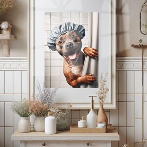 Pitbull Bathroom Poster Print Pitbull Shower Dog Bath Picture Bathroom Humor Pitbull Bath Wall Art Decor Photo Pitbull in Bathroom Unframed