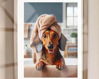 Dachshund with Towel on Head Bathroom Towel Poster Print Dachshund Bath Funny Dog Bath Shower Picture Humor Dachshund Wall Decor Unframed