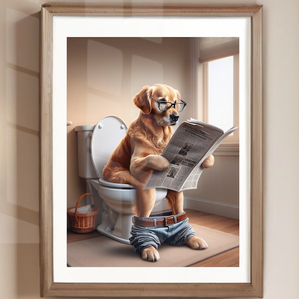 Könnte beinhalten: Ein Golden Retriever-Hund mit Brille und Jeans sitzt auf einer Toilette und liest eine Zeitung. Der Hund befindet sich in einem Badezimmer mit weißen Fliesen und einem Fenster.