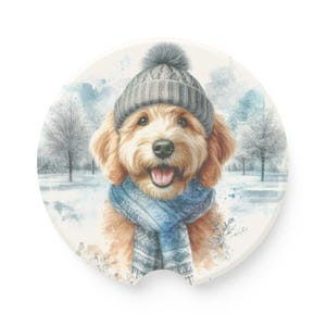 Golden Doodle Car Coasters, Dog Vehicle Coasters, Winter Dog Decor, Goldendoodle Coasters, Doodle Mom Gift Idea, Car Accessories, Car Decor