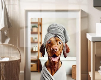Vizsla with Towel on Head Bathroom Towel Poster Print Vizsla Bath Funny Dog Bath Shower Picture Bathroom Humor Vizsla Home Decor Unframed
