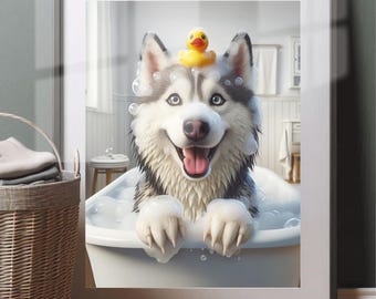 May include: Framed print of a happy Husky dog in a bathtub filled with bubbles. The dog has a yellow rubber duck on its head. The dog is smiling with its tongue out. The background shows a bathroom setting.