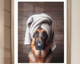 German Shepherd with Towel on Head Bathroom Towel Poster Print Unframed German Shepherd Bath Funny Dog Bath Shower Picture Bathroom Humor