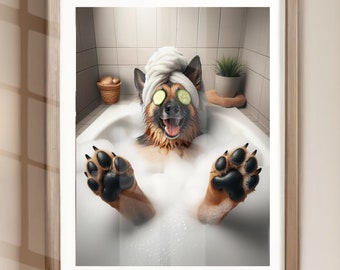 German Shepherd Bathroom Wall Art German Shepherd in the Tub Spa Day German Shepherd Bathroom Print German Shepherd Bathroom Humor Unframed