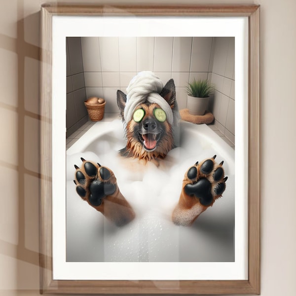 German Shepherd Bathroom Wall Art German Shepherd in the Tub Spa Day German Shepherd Bathroom Print German Shepherd Bathroom Humor Unframed