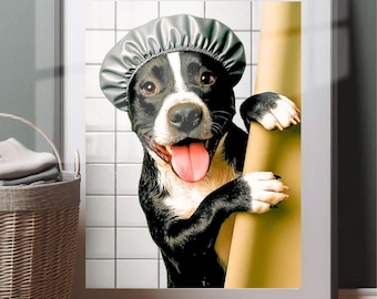 Pitbull Dog Shower Poster Print: Humorous Bathroom Wall Art (Unframed)