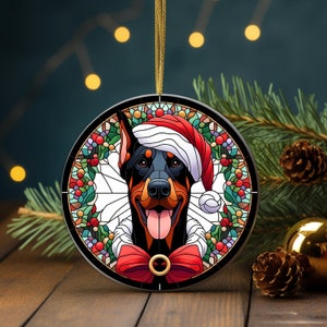 Doberman Ceramic Christmas Ornament, Stained Glass Inspired Design, Dog Holiday Decor, Puppy Tree Ornament, Pet Lover Gift Idea