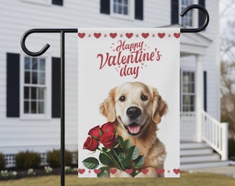 Golden Retriever Valentines Day Garden Flag, Outdoor Decor for Dog Lovers, Retriever Yard Flag, Golden Retriever House Banner Mom Gift
