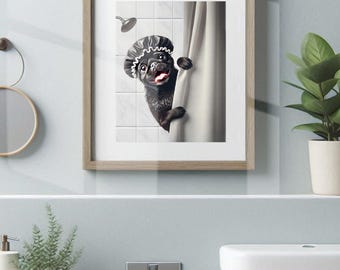 Black Pug Bathroom Poster Print Pug Shower Bath Funny Dog Bath Picture Bath Humor Pug Bath Wall Art Decor Dog Shower Pug Mom Gift Unframed