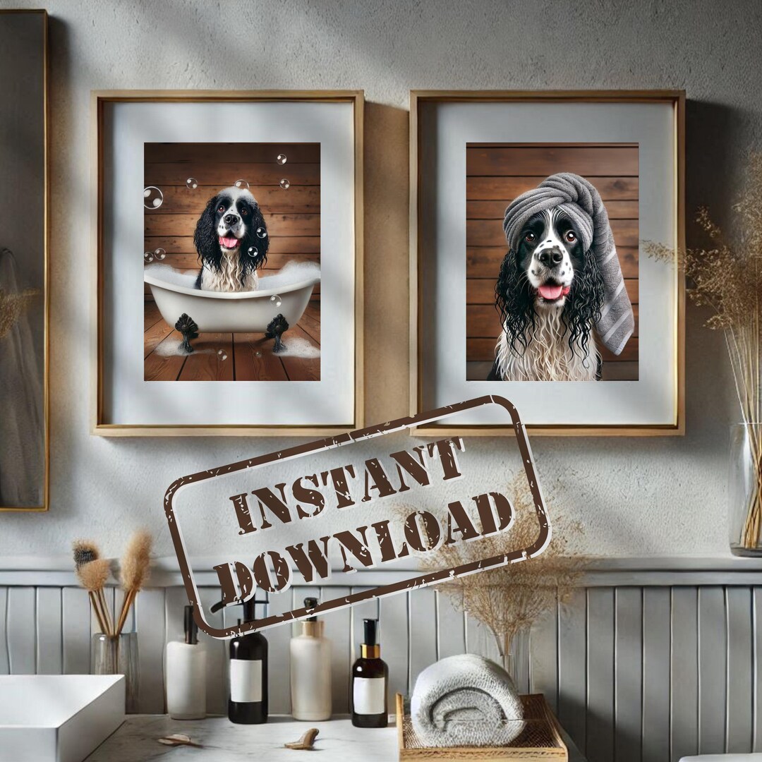 English Springer Spaniel in Bathroom Print Set of Two PRINTABLE Funny ...