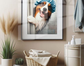 Australian Shepherd in Bathroom Print PRINTABLE Aussie Funny Dog Bath Picture Bathroom Humor Australian Shepherd Home Decor DIGITAL DOWNLOAD