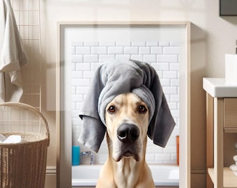 May include: A framed print featuring a Great Dane with a gray towel wrapped around its head, resembling a spa treatment. The dog is positioned in front of a white brick wall, creating a humorous and charming bathroom scene.