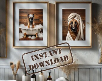 Belgian Malinois in Bathroom Print Set of Two PRINTABLE Belgian Malinois Funny Dog Bath Picture Bathroom Humor Home Decor DIGITAL DOWNLOAD