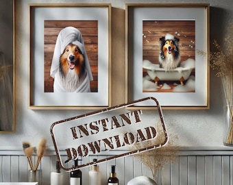 Peut inclure: Deux impressions encadrées d'un chien dans un décor de salle de bain. La première impression montre un chien enveloppé dans une serviette blanche, regardant la caméra. La deuxième impression montre un chien assis dans une baignoire blanche avec des bulles, regardant la caméra.
