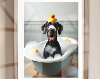 Black Great Dane in Bathroom Print PRINTABLE Great Dane Funny Dog Bath Picture Bathroom Humor Great Dane Home Decor DIGITAL DOWNLOAD
