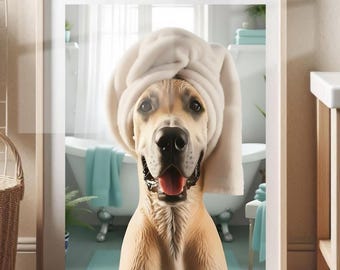 Great Dane with Towel on Head Bathroom Towel Poster Print Great Dane Funny Dog Bath Shower Picture Bathroom Humor Great Dane Decor Unframed